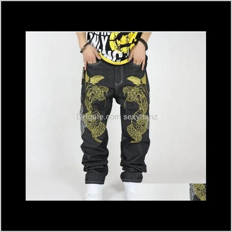 wholesale-hiphop jeans male hot-selling loose denim pants personality snake embroidery straight long trousers for men