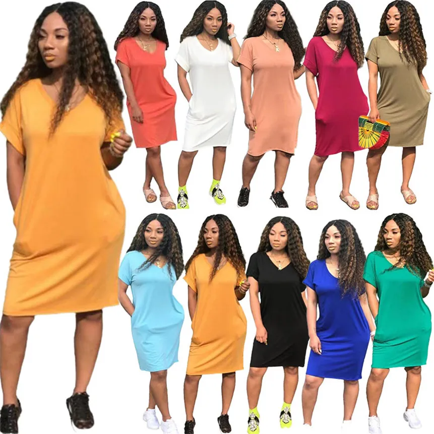 Vestidos casuales de talla grande 3XL para mujer, ropa de verano, faldas midi sexis con cuello de pico, moda de diez colores, vestido ceñido suelto con bolsillo para mujer 4885