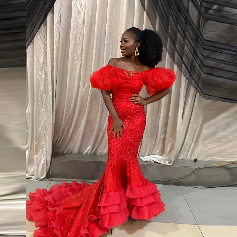ブラックガールズの赤いaso ebiプロンプドレス2021オフショルダースパンコールのアップリケマーメイドイブニングドレスアフリカの女性パーティーガウン