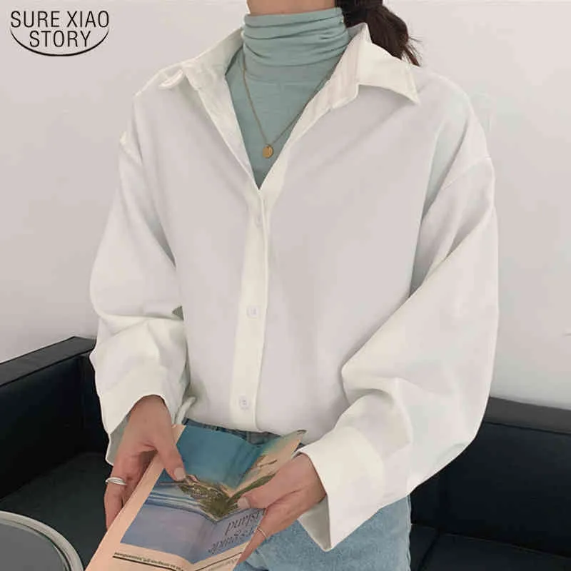 Wiosna Jesień Solidna Vintage Bluzka Women Button Oversize Długim Rękawem Koszule Odwróć Kołnierz Korea Białe Topy Blusas Mujer 11188 210415