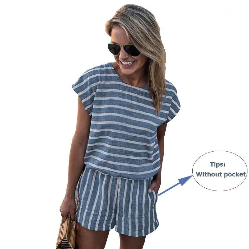 Kvinnors Jumpsuits Rompar Korta Sexig Striped Summer Playsuit Loose Sleeve Beach Romper Overaller Lace Up Slipsar Eleganta Kvinnor 2021