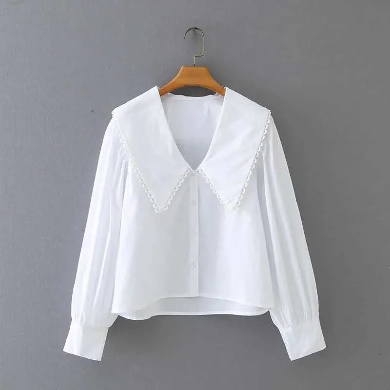 Camisa De Popelina Blanca Con Cuello Vuelto Para Mujer, Blusa
