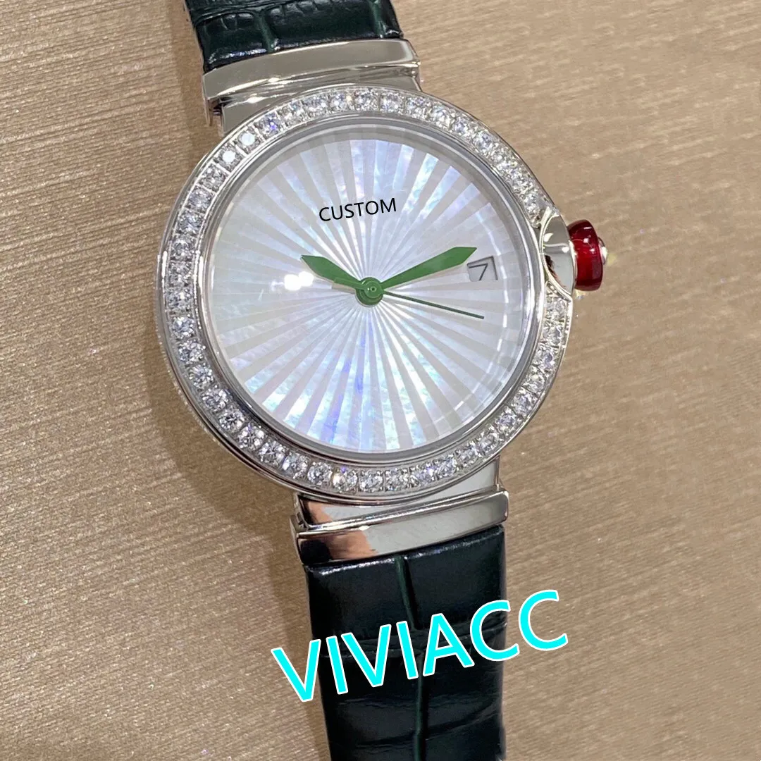 Mulheres famosas Couro Geométrico Cristal Diamante Bezel Assista De Aço Inoxidável Quartzo Relógios Mãe de Pearl Shell Relógio 33mm