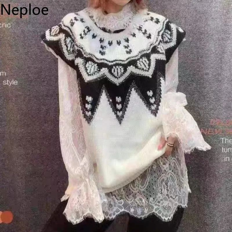 Neploe Korean Heavy Sequined Sweater Vest Fashion Knit Crochet Floral Pullovers Waistcoat O-Neck Ärmlös Tank Coat Kvinna 210422