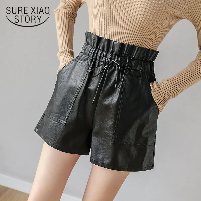 Wide Leg with Drawstring A Line High PU Leather Loose Korean Fashion All-match Elastic Waist Shorts 11062 210417