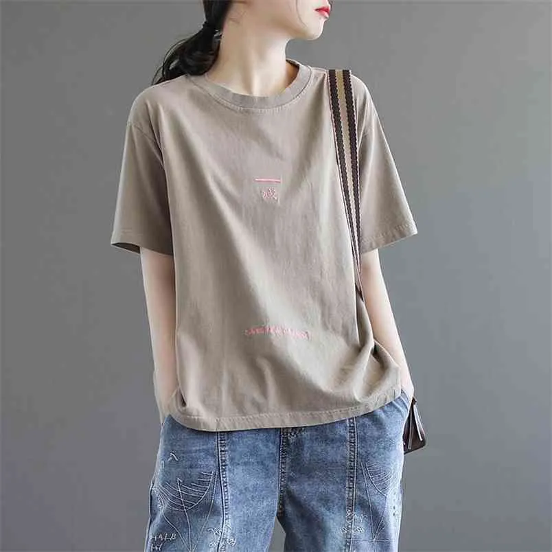 Summer Arts Style Femmes Manches courtes O-Cou Lâche Tee-shirt Femme Tops 100% Coton Broderie Vintage Tshirt Plus Taille M66 210512