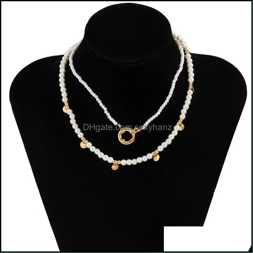 Europe Retro Imitation Pearl Beads Mix Necklaces Bohemian Country Style Round Piece Metal Clavicle Chain Women Dress Party Neck Wearing Jewelry