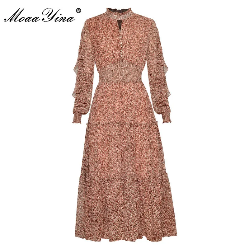 Fashion Designer dress Autumn Women's Dress Ruffles Long Sleeve Floral Print Elastic Waist Chiffon Dresses 210524