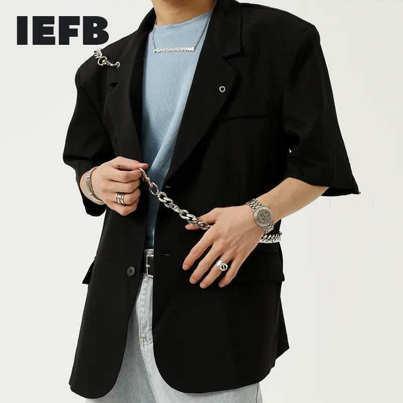 Iefb herrkläder svart sommar blazers personlighet kedja design kostym jacka mäns kortärmad kappa koreanska 9y7444 210524