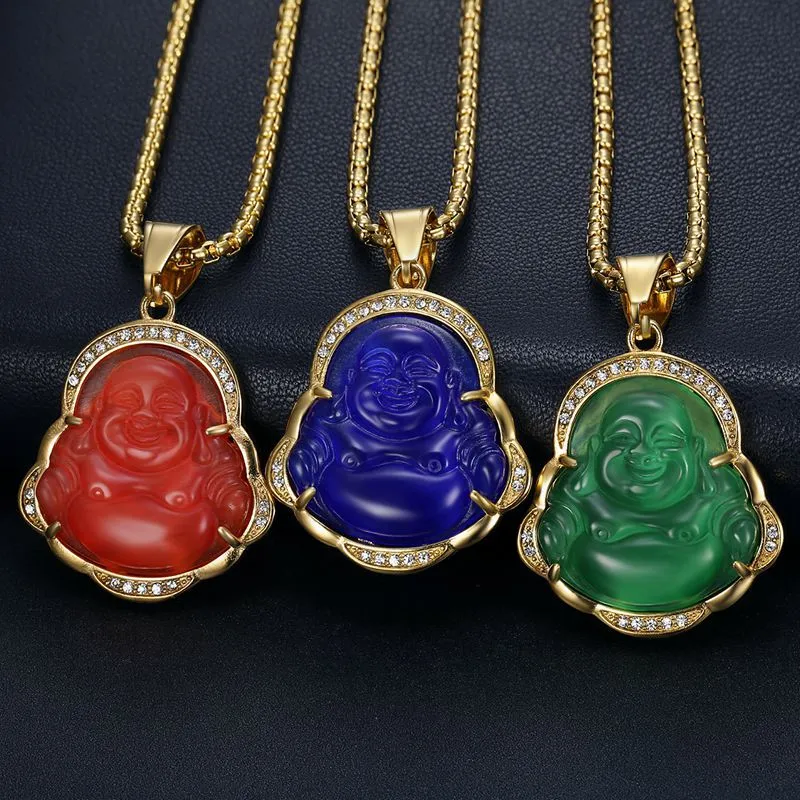 Diamond Studded Opal Jade Laughing Buddha Pendant Necklaces with Stainless Steel Gold Plated Chain Inlaid Gemstone Jewelry Wholesale