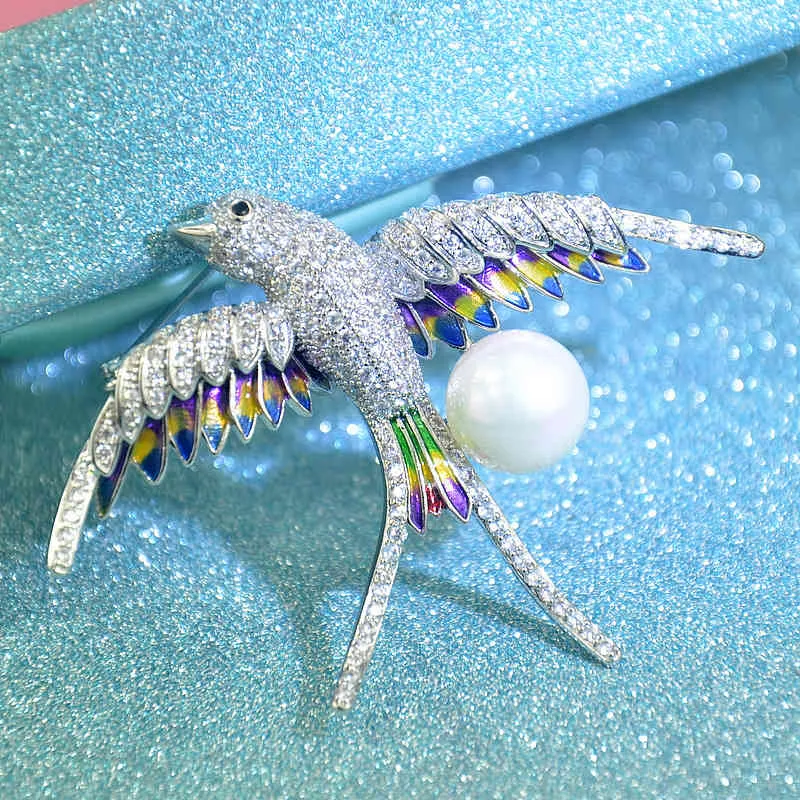 Korean version color dripping oil cute little swallow brooch high-grade micro-inlaid zircon pin natural freshwater pearl corsage