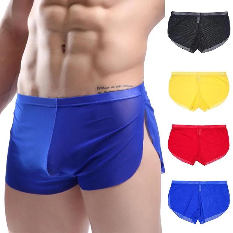 Cuecas masculinas boxer shorts pijamas lado split malha roupa interior calcinha cintura baixa ultra-fino sleepwear homewear casual249j