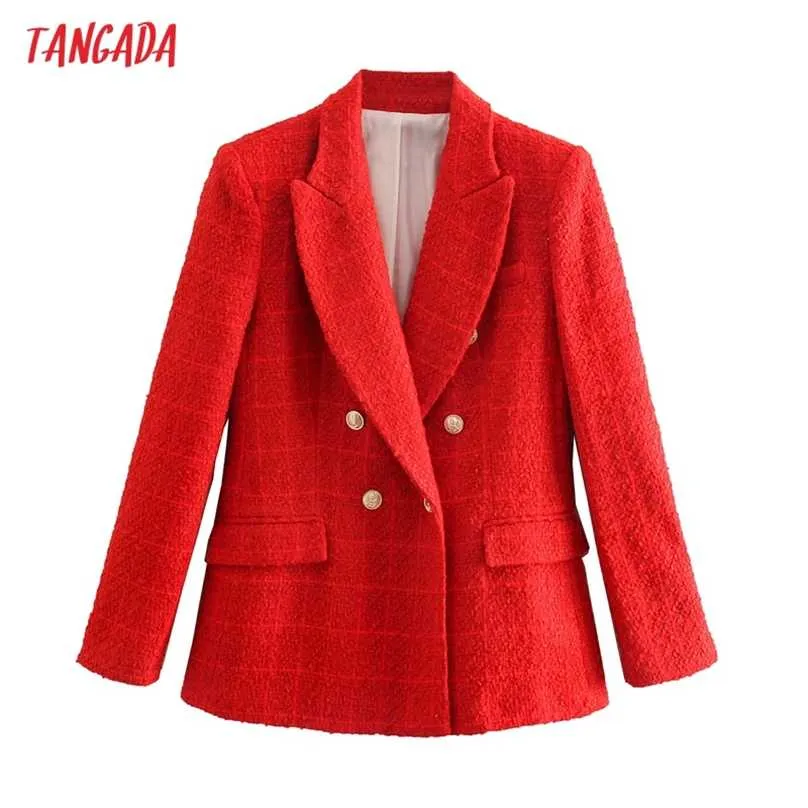 Tangada Women Office Fashion Bureau Wear Tweed Tweed Double Basted Blazer Coat vintage POCHES DE LONGES LONGES VOIRES FEMMES EXTÉRIEUR BE930 211006