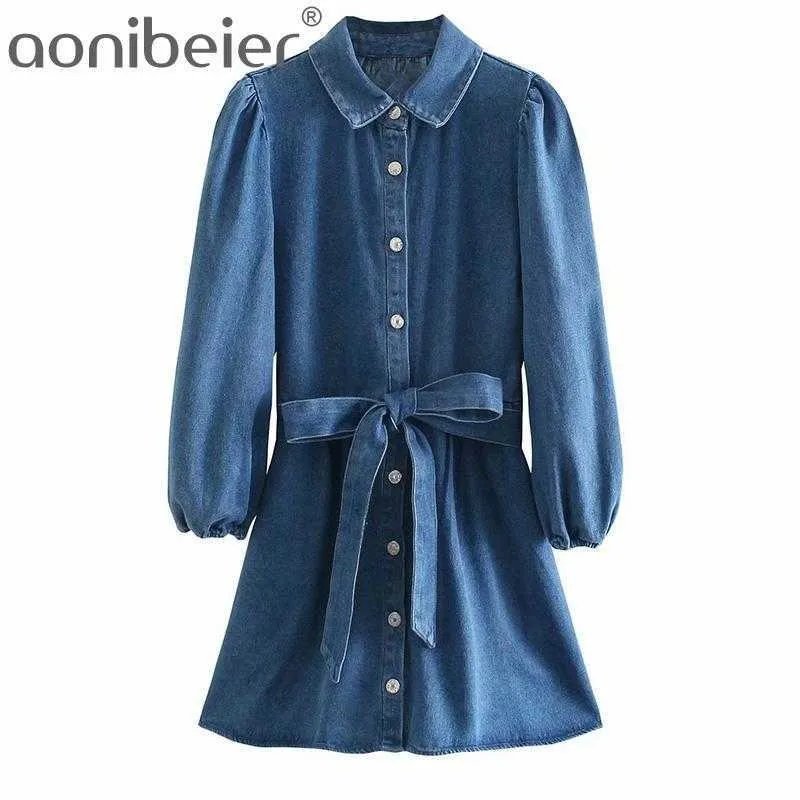 Denim Shirt Jurk Spring Lange Mouw Turn Down Collar Single Breasted Straight Belted Dames Casual Mini 210604