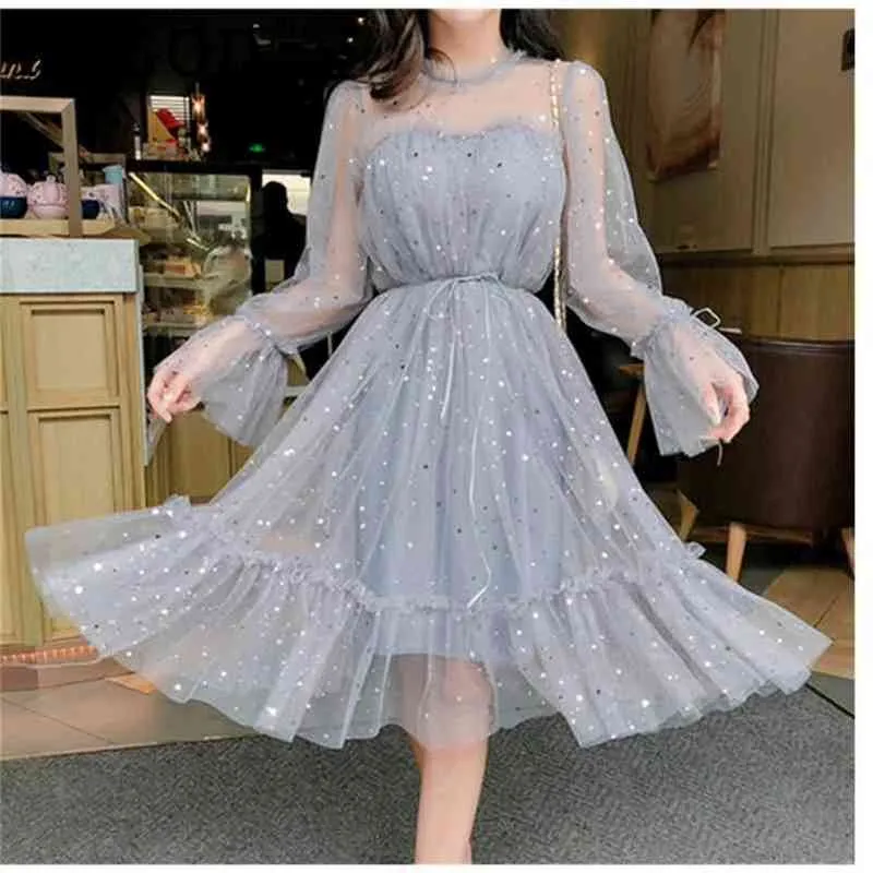 Primavera Outono New Feminino O-pescoço Estrelas Lantejoulas Mesh Brilhante Vestido Fadas Mulheres Elegante Bling Gaze Princesa Puff Vestidos 210331