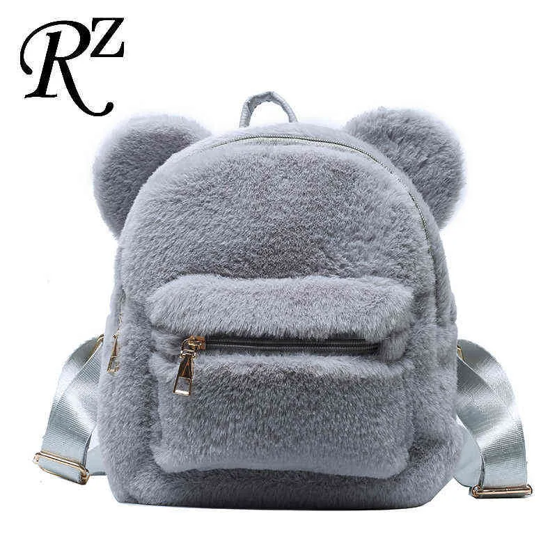 Bear Ears Plush Women Backpack Faux Fur Shoulders Bag Cute Furry Women Bag Mini Girl Backpacks NEW Winter Bags For Women 2020 Y1105