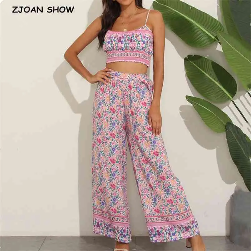 BOHO rose haut court ourlet élastique imprimé fleuri soutien-gorge débardeur ensemble Sexy femmes cravate nœud ceintures jambe large pantalon froncé Camis 2 pièces 210429