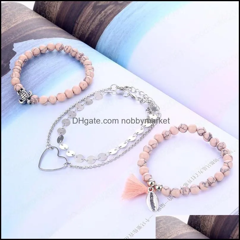 Retro Bohemian Pink Turtle Heart Bracelet Set Trend Female Bracelet Geometric Beads Shell Pendant Bracelet Jewelry