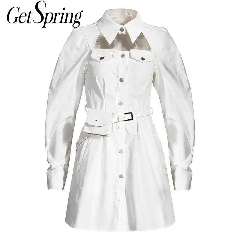 GetSpring女性のドレス中空アウト包帯コットンシャツドレス長袖ビンテージセクシーホワイトファッション210601