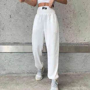 Sexy taille haute lâche polaire pantalons de survêtement avec poche 2021 automne hiver noir blanc Baggy Joggers femmes pantalons de survêtement y2k pantalon chaud Y211115