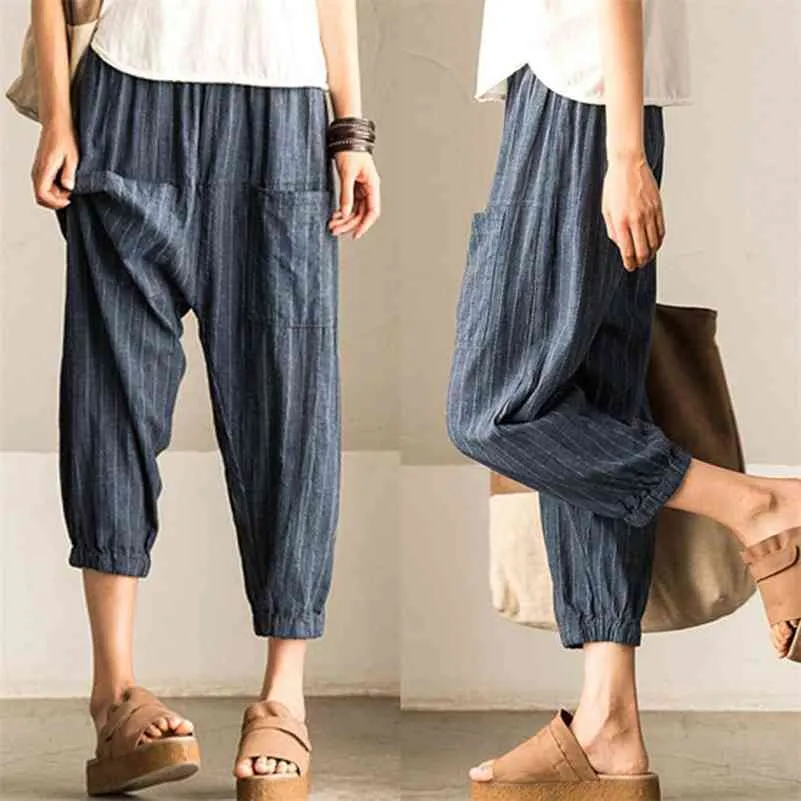 Dames Casual Vintage Hoge Elastische Taille Zakken Gestreepte Baggy Harem Broek Turnip Broek Werk OL Wide Leg Pantalon 210518