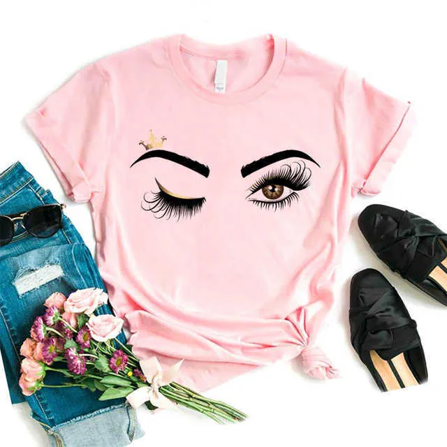 Mujeres Pestañas Rosa Arte Camiseta Chica Camiseta Maquillaje Koszulki Maquillaje Hipster Gráfico Camiseta Mujer Tumblr Camiseta, Drop Ship X0628