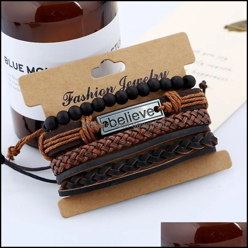 Retro personality cowhide bracelet 4pcs/set Jewelry believe suit men`s cowhide bracelet retro woven DIY leather bracelet