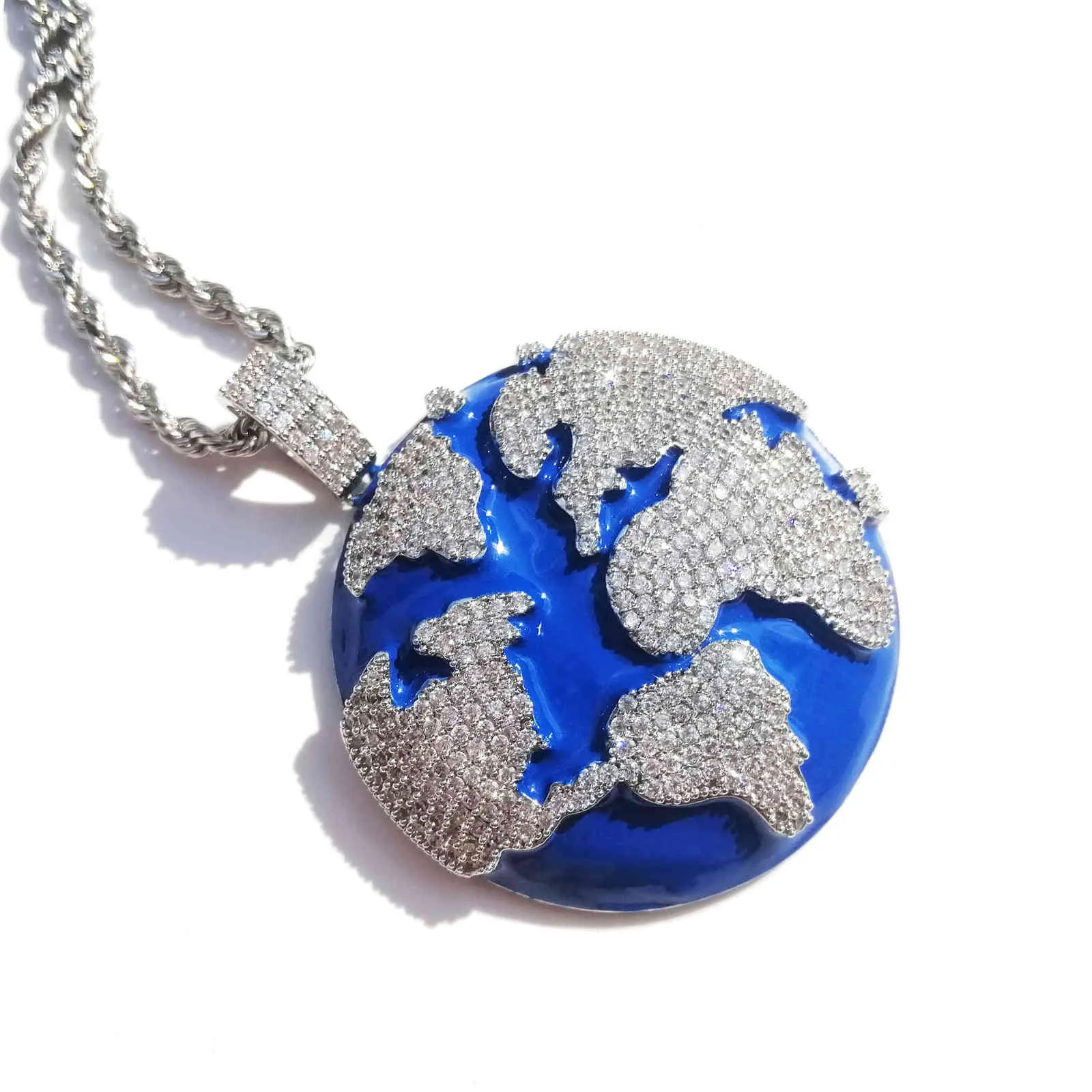 Iced Out Blue Earth Wisiorek Bling Cubic Cyrkon Naszyjnik Dla Mężczyzn I Kobiet Moda Biżuteria Hip Hip Hip Chmiel Prezenty X0509