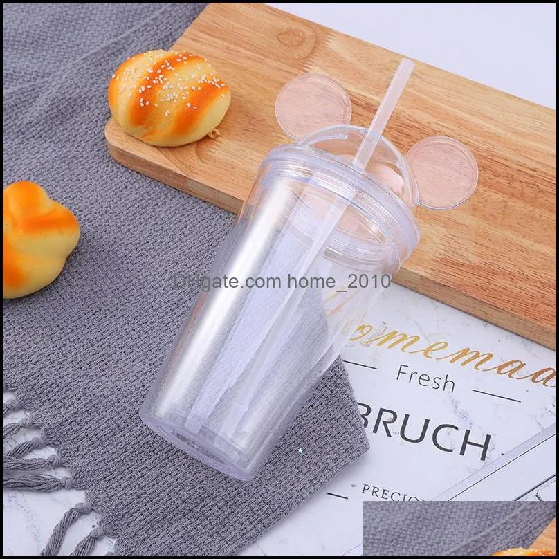450ML Tumblers cute mouse ears plastic double wall transparent ice water bottle tumbler cup juice summer drink coffee straw bottles