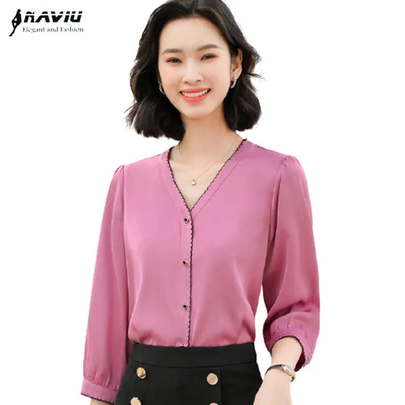 Chemise en mousseline de soie violet clair Femmes Summer Fashion Tempérament Demi-manche V Blouses Bureau Dames Travail Formel Tops 210604