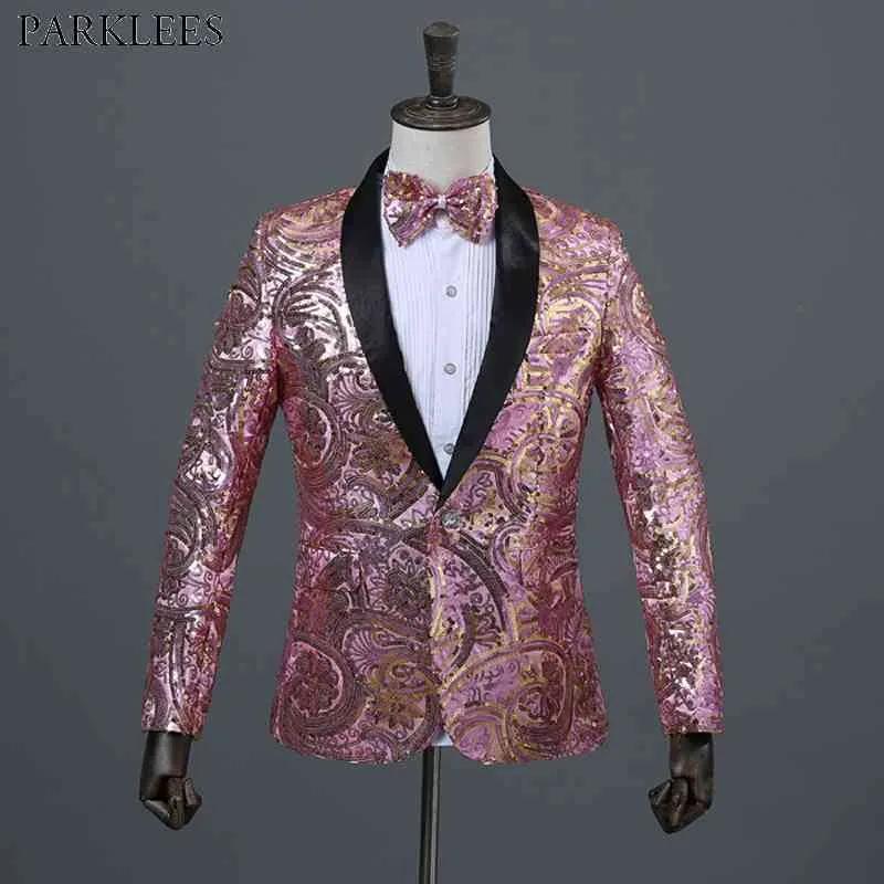 Błyszczący Kwiatowy Cekin Paillette Szal Lapel Jeden Przycisk Garnitur Blazer Mężczyźni Klub Nightclub Stage Wedding Prom DJ Suit Blazer z muszką 210522