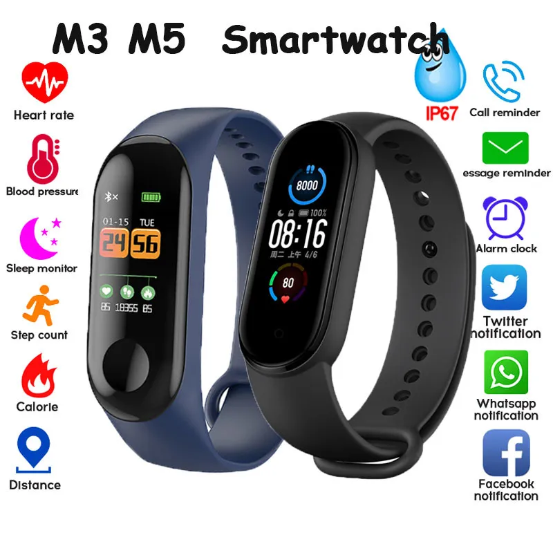 Elektronisk Smart Watch Kvinnor Män Unisex Heart Rate Monitor Fitness Tracker SmartWatch för Android Telefon M3 M5 Klockor Xiaomi