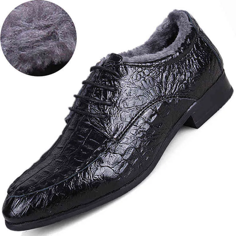 Winter Fleece Casual Mens Dress Shoes Genuine Leather Crocodile Lace-up Italian Stylist Flat Formal Oxfords Wedding Shoe 38-50