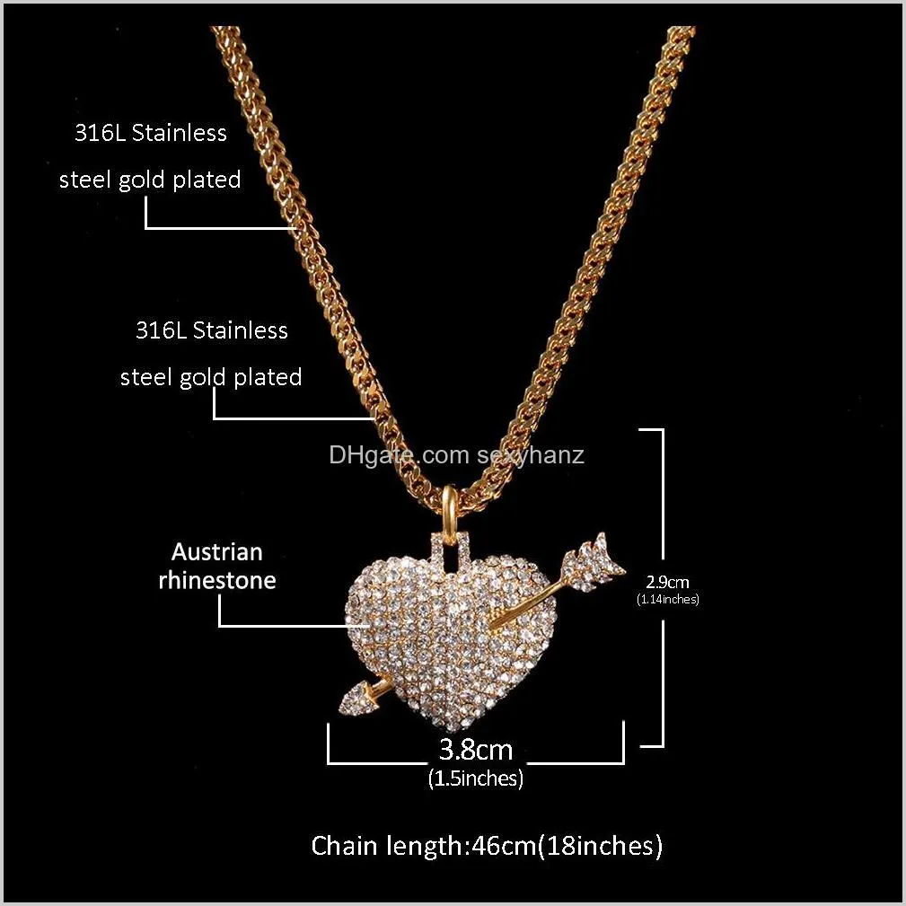 manufacturers wholesale high-end hip-hop stainless steel necklaces full diamond one arrow through the heart pendant,