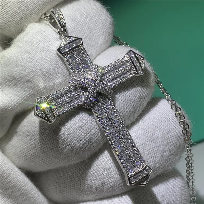 Vecalon Charm Ciondolo croce lunga in argento sterling 925 Pave Cz Collana con ciondolo croce in pietra per donna uomo Dichiarazione Gioielli291K