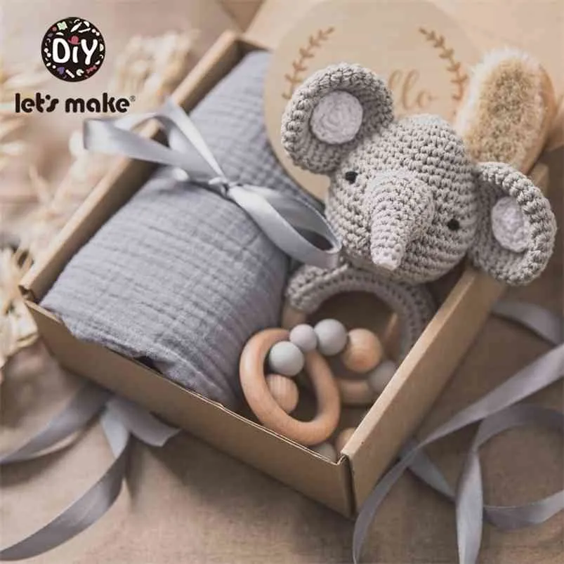 Handduk Låt oss göra Baby Bath Toy Set Wooden Rattle Armband Crochet Memorating Milestone Leksaker Presentprodukter för barn 210728