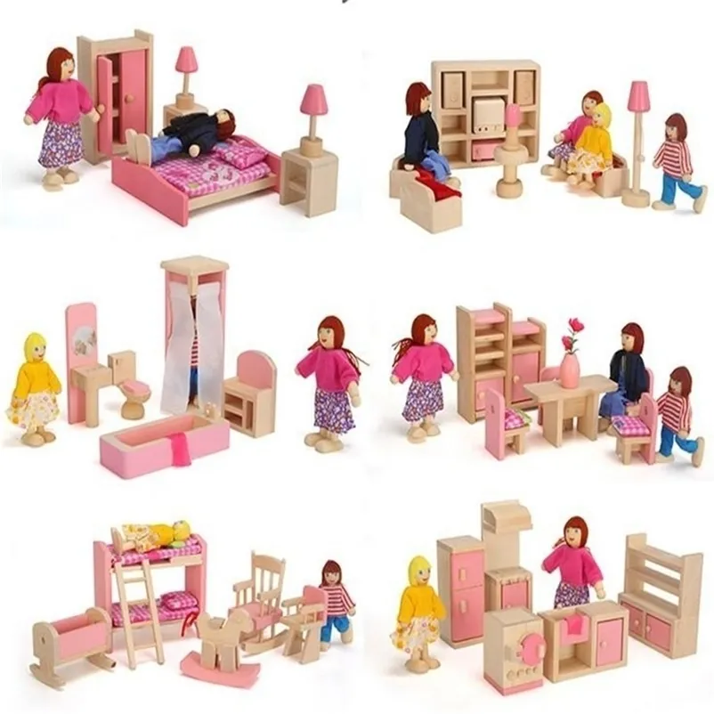 6 Zimmer Kinder Ganzes Set Holz Rosa Möbel Puppe Haus Spielzeug / Kinder Mädchen Geburtstag Geschenke der Holzküche Badezimmer Schlafzimmer Spielzeug 201217