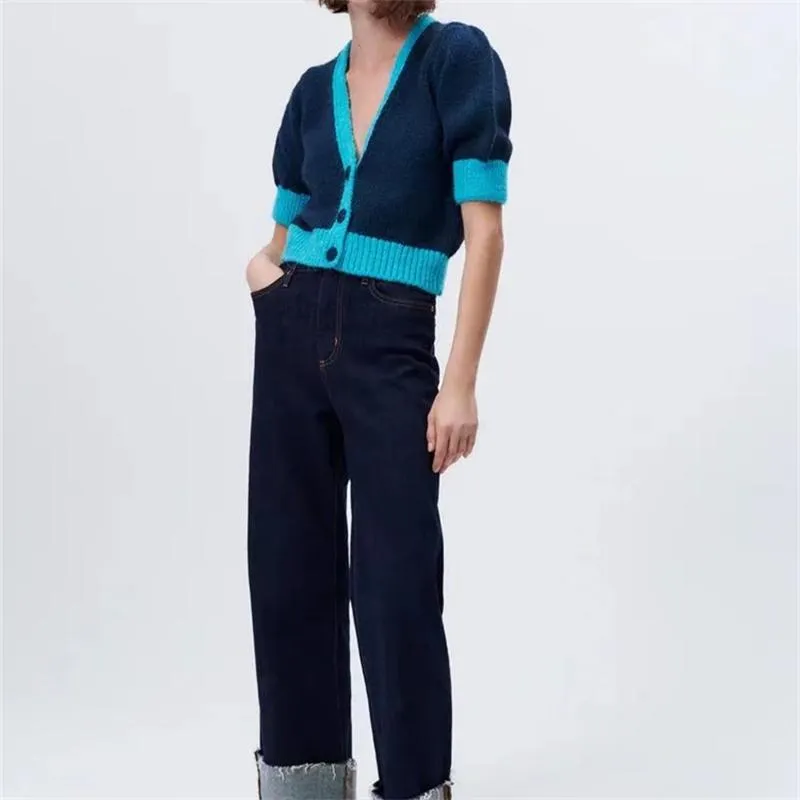 Dames Knits Tee Shirts MestTraf Dames 2021 Mode Ribbed Hem Patchwork Betrapt Cardigan Sweater Vintage V-hals Korte Mouw Bovenkleding Streetw