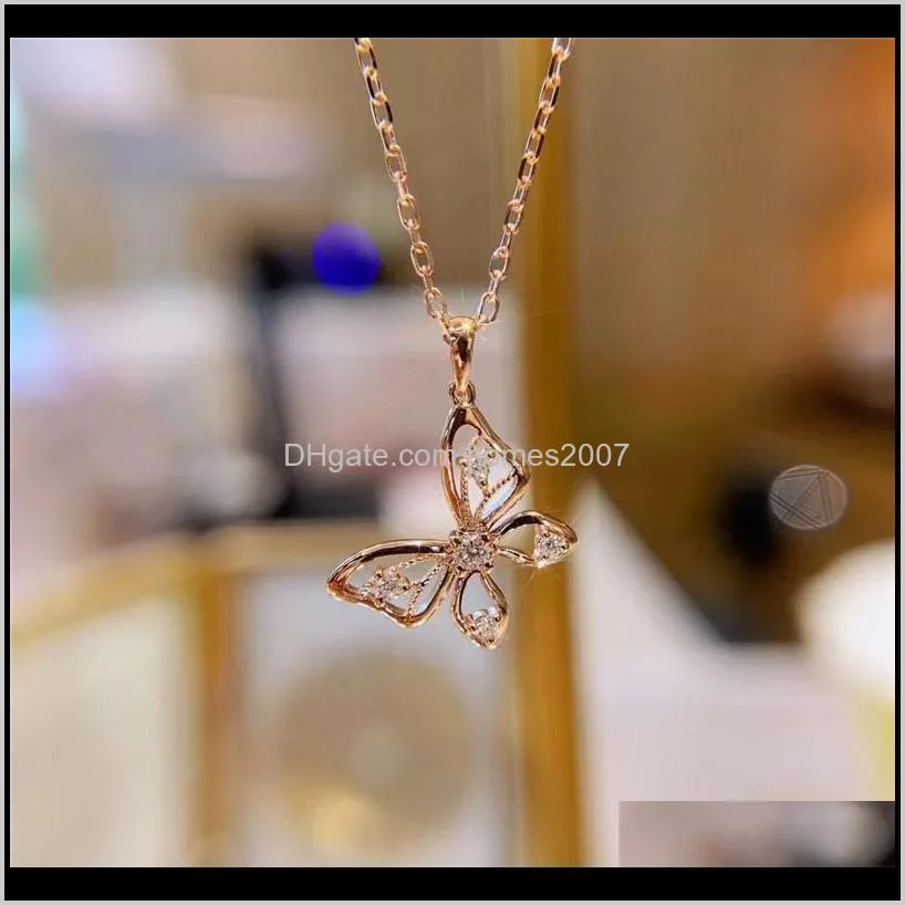 korean fashion small butterfly pendant necklace vintage hollow zircon necklaces for women antique rose gold color chain