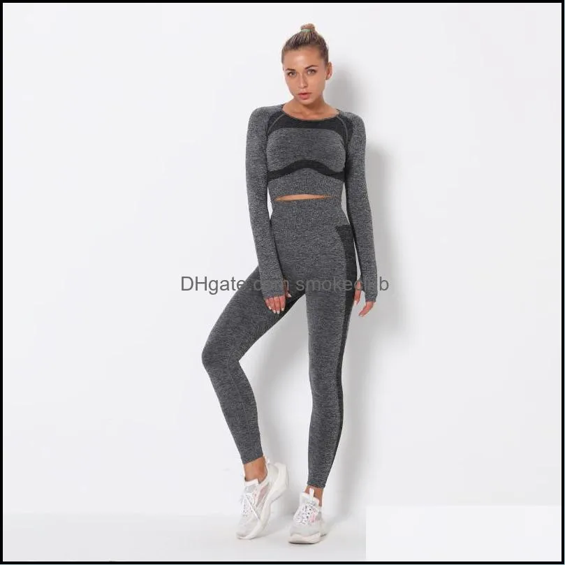 Yoga Outfits Women Seamless Set Gym Clothing Fitness Leggings Cropped Shirts Sport Suit Long Sleeve Tracksuit Active Wear #2002