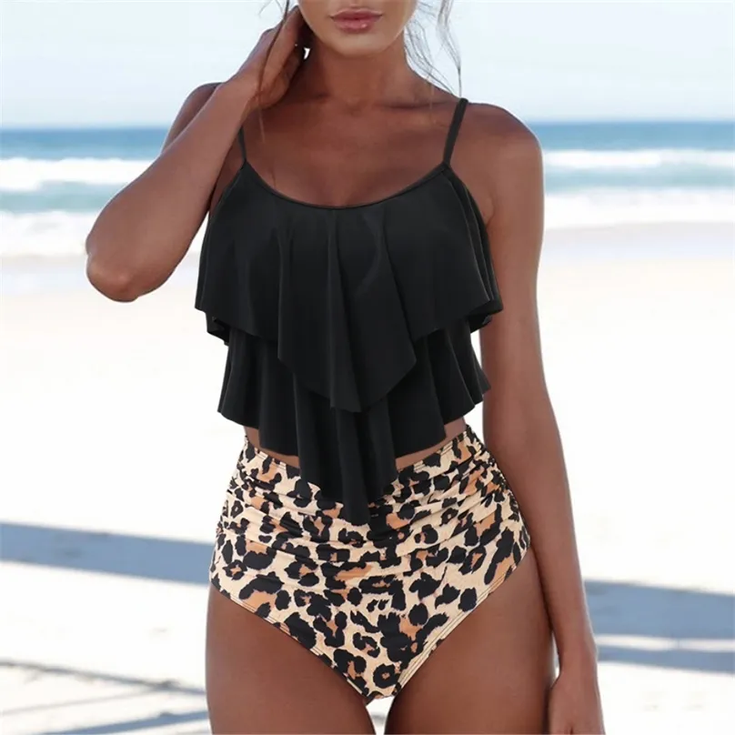 Sexy Bikini Plus Size Bathing Suit Swimsuit Female Tummy Control Beachwear Halter Ruffle Set Swimwear Women Biquini 210611