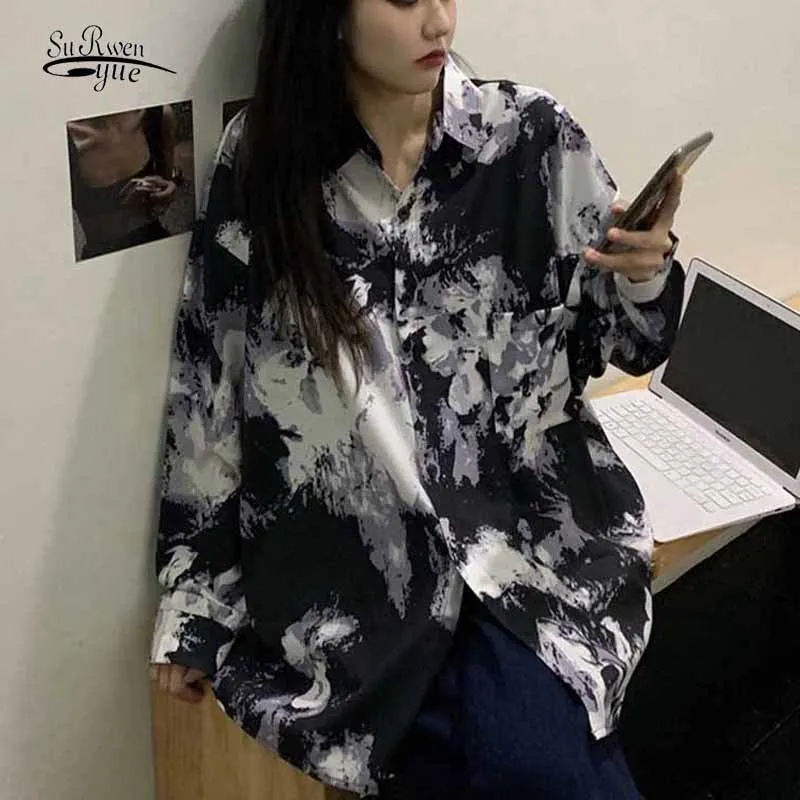 Loose Mid-Length Blus Plus Size Höst Koreanska Stil Kvinnor Långärmad Lapel Chiffon Shirt Print All-Match Top Blusas 11773 210508