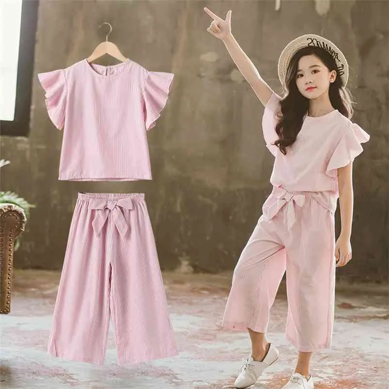 Summer School Girls Outfits Ruffle Sleeve Tops and Wide Leg Pants Korean Children Stripes Clothing Set 2 Piece Sets for Kids 12Y 210622