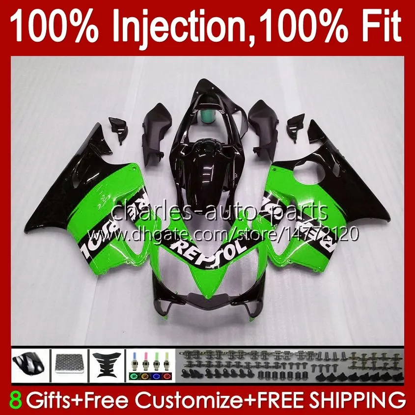 OEM BODY FÖR HONDA CBR600F4I F4 I CBR600FS 01-03 Bodywork A6NO.200 CBR 600F4I 600 F4I FS CC 2001 2002 2003 CBR600 F4I 600CC 01 02 03 Injektionsformmassa Repsolgrön