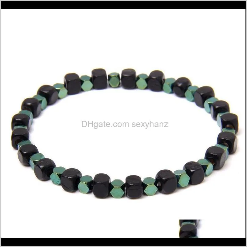 fashion cube square stone tiny bead bracelet 4mm hematite 5.5mm wooden handmade men women classic creative jewelry gift beaded,