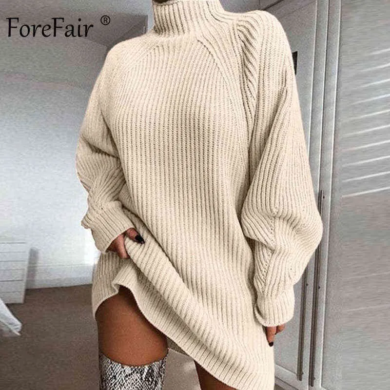 Forefair surdimensionné robe tricotée pull automne 2019 solide à manches longues décontracté élégant Mini chaud hiver col roulé robe femmes G1214