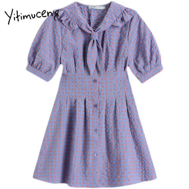 Yitimuceng plaid mini jurken vrouwen ruches zomer Koreaanse mode hoge taille A-lijn Peter Pan Collar korte mouw jurk 210601