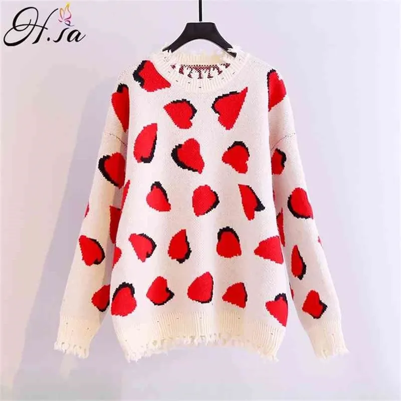 Women Winter Sweey Pull Jumpers Strawberry Knit Pullovers Pink Beige Broken Hole Chic Oversized Christmas Sweaters 210430