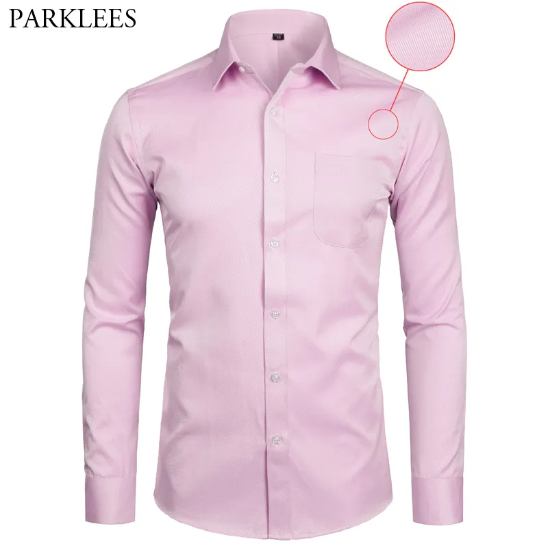 Camisa de vestir de manga larga para hombre Camisa formal de negocios informal de ajuste delgado sólido con bolsillo Chemise Pink Plus Size 4XL 5XL 6XL 7XL 8XL 210522