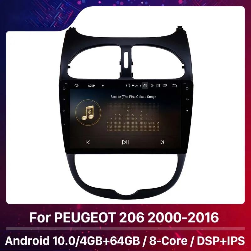 9 "Android 10.0 Bil DVD-radio WiFi Bluetooth Multimedia Player för 2000-2016 Peugeot 206